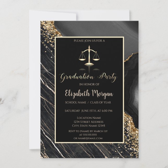 Elegante Black Marble Law School Graduation Party Einladung (Vorderseite)