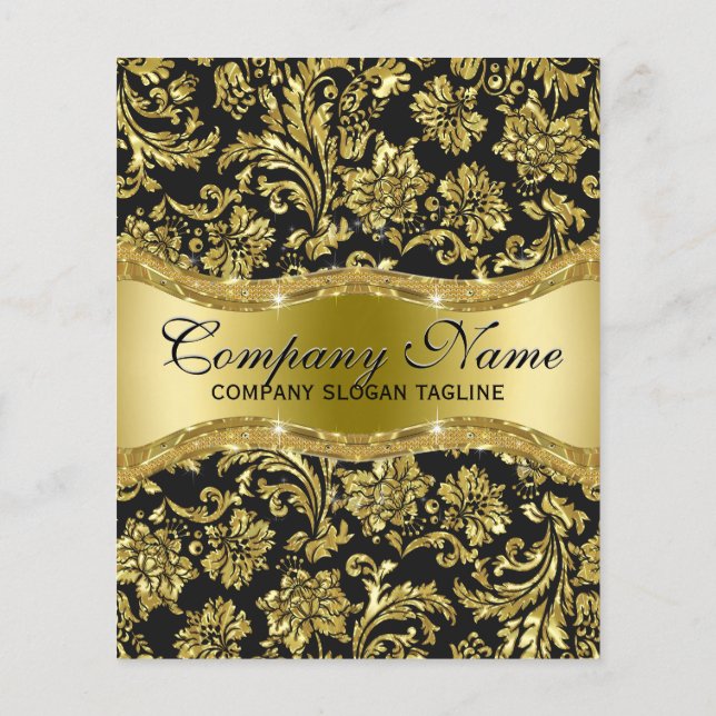 Elegante Black & Metallic Gold Floral Damasks Flyer (Hinten)