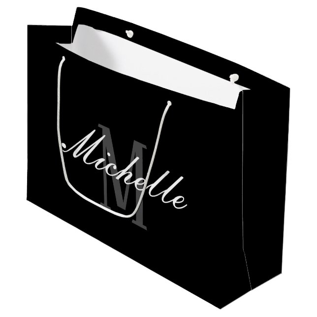 Elegante Black Monogram Large Gift Bag Große Geschenktüte (Vorderseite Schrägansicht)