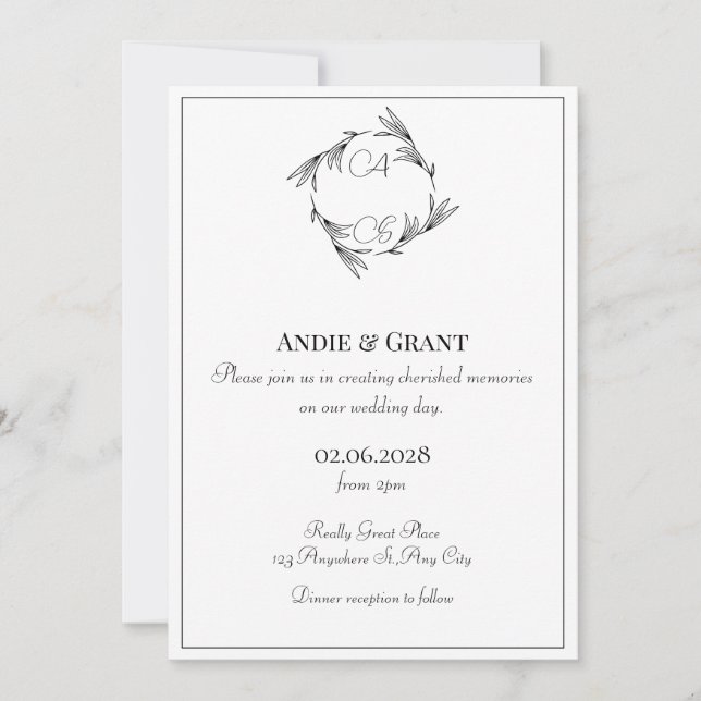 Elegante Black Monogram Wedding Einladung (Vorderseite)