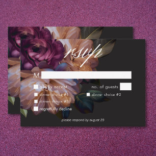 Elegante Black Moody Floral Hochzeit Drei Abendess RSVP Karte