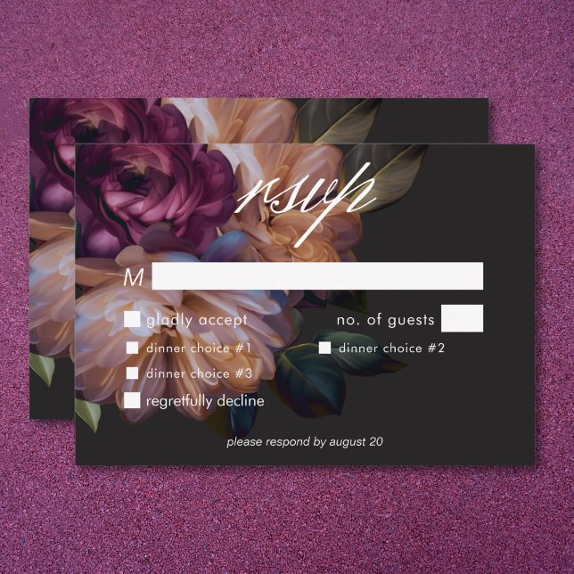 Elegante Black Moody Floral Hochzeit Drei Abendess RSVP Karte (Elegant Black Moody Floral Wedding Three Dinner RSVP Card)