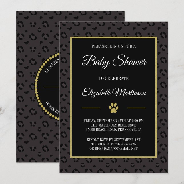 Elegante Black Panther Leopard Spots Kinderdusche Einladung (Vorne/Hinten)