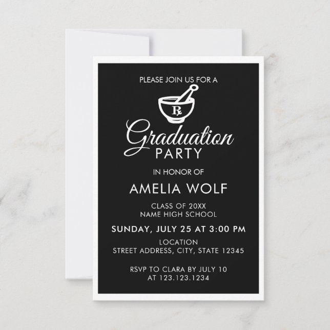 Elegante Black Pharmacist Graduation Party Einladung (Vorderseite)