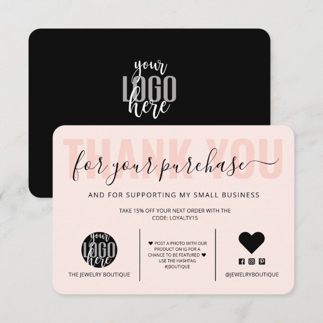 Elegante Black Pink Script Logo Kunde Vielen Dank Dankeskarte (Vorne/Hinten)