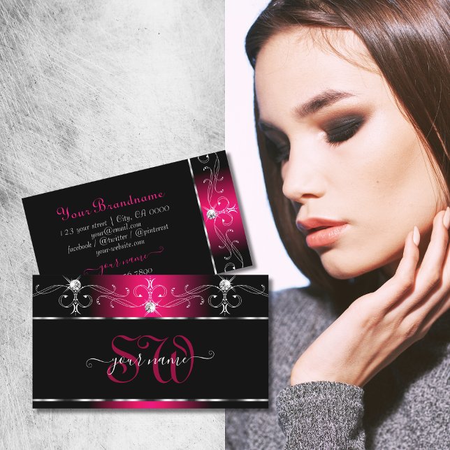 Elegante Black Pink Verziert Sparkle Jewels Initia Visitenkarte (Von Creator hochgeladen)