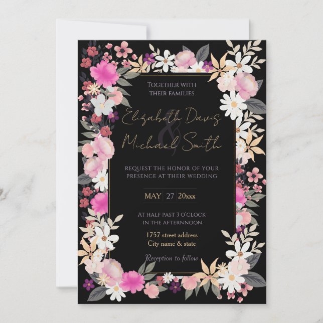 Elegante Black Pink Wildblumen Boho Floral Paint Einladung (Vorderseite)
