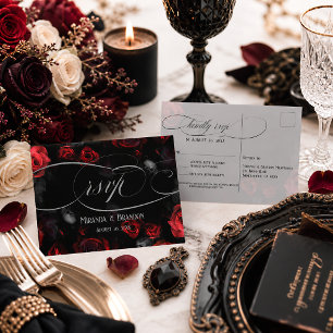 Elegante Black Red Floral Wedding RSVP Postcard Ankündigungspostkarte