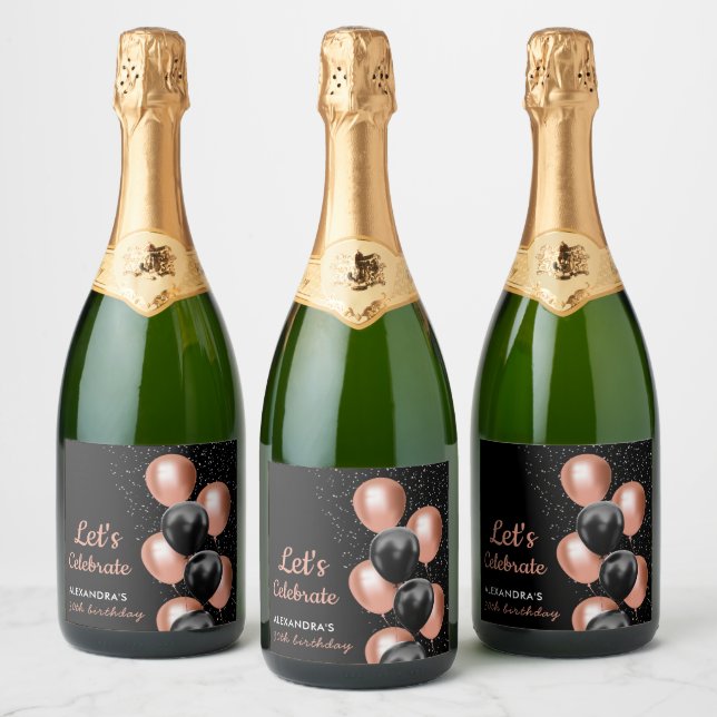 Elegante Black Rose Gold Balloon Chic Geburtstag (Flaschen)