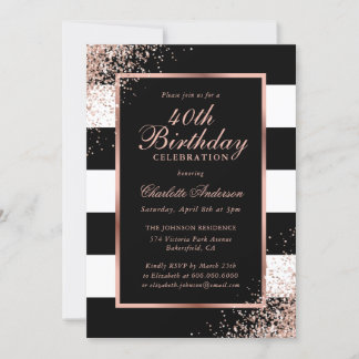 Elegante Black Rose Gold Confetti 40. Geburtstag Einladung