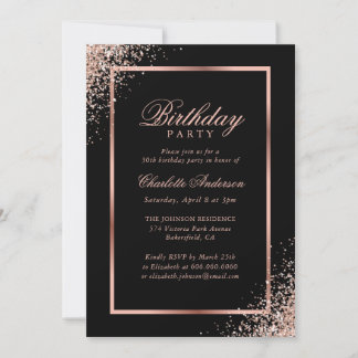 Elegante Black Rose Gold Confetti Geburtstagsparty Einladung