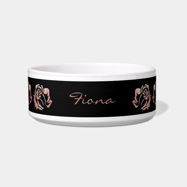 Elegante Black Rose Gold Embossed Rose Dog Bowl Napf (Vorderseite)