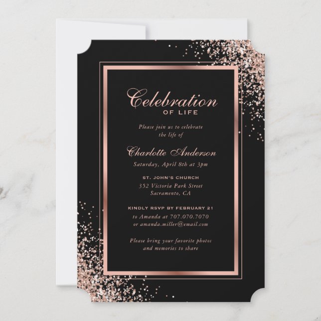 Elegante Black Rose Gold Foto Feier des Lebens Einladung (Vorderseite)