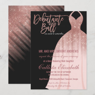 Elegante Black Rose Gold Glitzer Dress Debutante Einladung