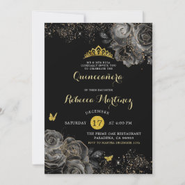 Elegante Black Rose & Gold Royal Crown Mis Quince Einladung