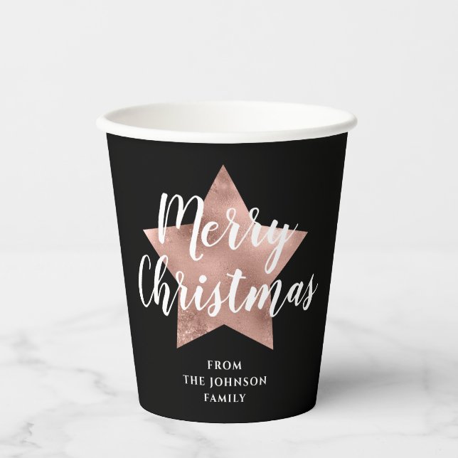 Elegante Black Rose Gold Star Frohe Weihnachten Pappbecher (Vorderseite)