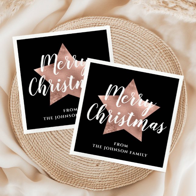 Elegante Black Rose Gold Star Frohe Weihnachten Serviette (Elegant Black Rose Gold Star Merry Christmas Napkins)
