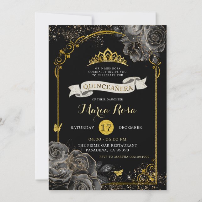 Elegante Black Rose Goldene Königliche Krone Einladung (Vorderseite)