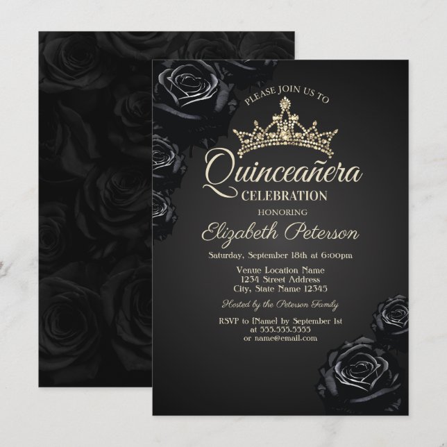 Elegante Black Rose Gothic Quinceañera Einladung (Vorne/Hinten)