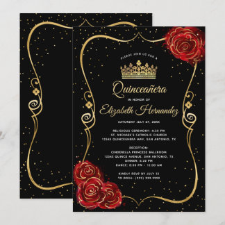 Elegante Black Rote Rose und Gold Quinceanera Einladung