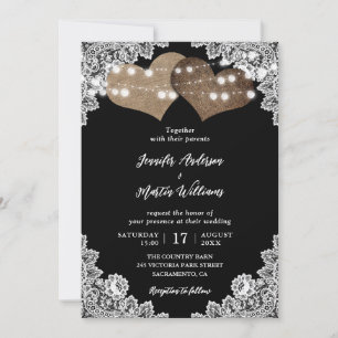 Elegante Black Rustic Hearts Floral Lace Wedding Einladung