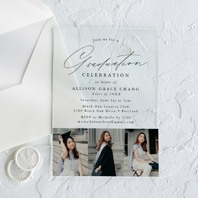 Elegante Black Script 3 Foto Graduation Party Acryleinladungen (Von Creator hochgeladen)