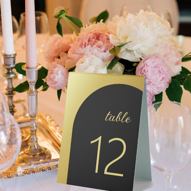 Elegante Black Shiny Gold Wedding Tischnummer Tischaufsteller (Elegant Black Shiny Gold Wedding Table Number Table Tent Sign)