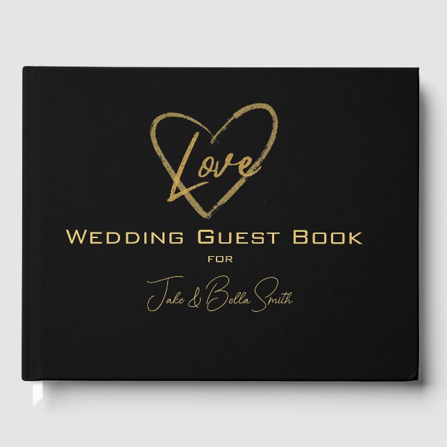 Elegante Black Shiny Liebe Heart Wedding Black Gästebuch (Vorderseite)