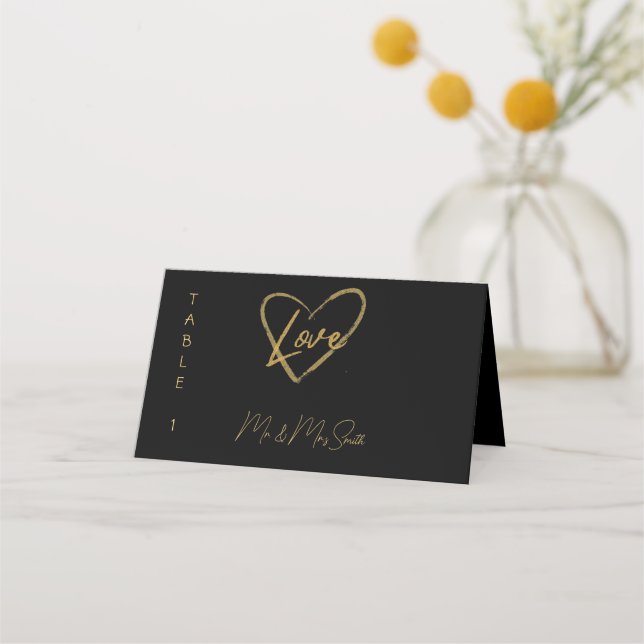 Elegante Black Shiny Liebe Heart Wedding Black Platzkarte (Vorderseite)