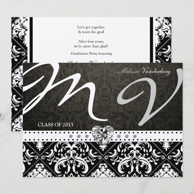 Elegante Black / Siilver Damask Class 2013 Einladung (Vorne/Hinten)