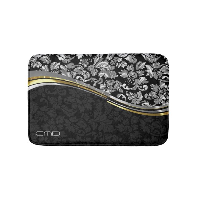 Elegante Black & Silver Damasken Gold Akzente Badematte (Vorderseite)