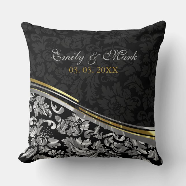 Elegante Black & Silver Damasken Gold Akzente Kissen (Vorderseite)
