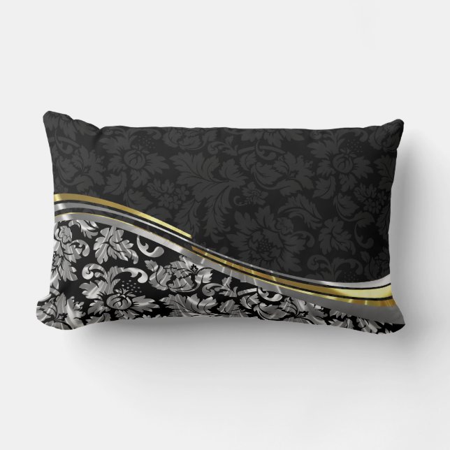 Elegante Black & Silver Damasken Gold Akzente Lendenkissen (Vorderseite)