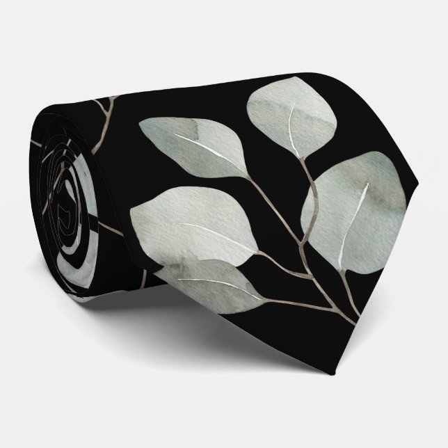 Elegante Black Silver Dollar Eukalyptus Wedding Krawatte (Gerollt)