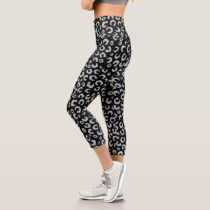 Elegante Black Silver Glitzer Leopard Animal Print Capri Leggings