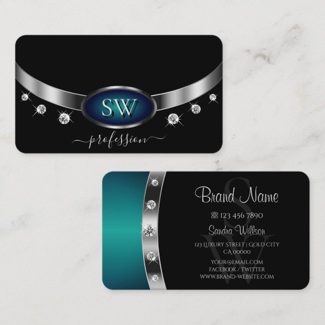 Elegante Black Silver Ocean Blue Monogram Diamonds Visitenkarte (Vorne/Hinten)