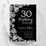Elegante Black Silver Rose 30. Geburtstag Party Einladung<br><div class="desc">Schwarz silber florale 30. Geburtstag Party Einladung. Elegantes Design mit Rose,  Imitaten silberne Folie und Typografie Script Schriftart. Die trendige Einladungskarte eignet sich perfekt für eine stilvolle Damenfeier. Kann für jedes Alter angepasst werden. Gedruckte Zazzle-Einladungen oder Sofortdownload digitaler Druckvorlage.</div>