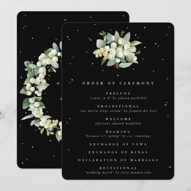 Elegante Black Snowberry+Eucalyptus Bouquet Weddin Programm (Vorne/Hinten)