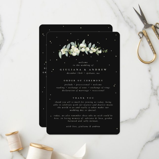 Elegante Black Snowberry+Eucalyptus Stem Wedding Programm (Vorderseite/Rückseite Beispiel)
