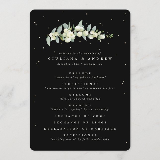 Elegante Black Snowberry+Eucalyptus Stem Wedding Programm (Vorderseite)