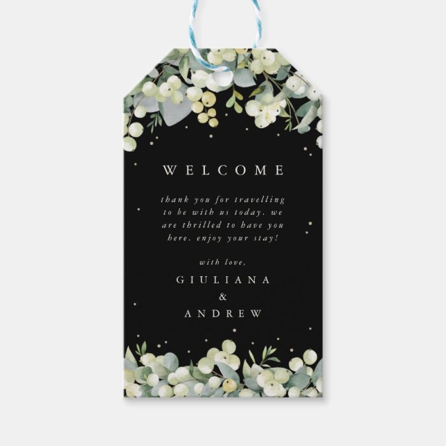 Elegante Black Snowberry+Eucalyptus Wedding Willko Geschenkanhänger (Vorderseite)