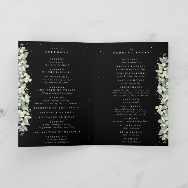 Elegante Black Snowberry+Eucalyptus Winter Wedding Programm (Innenseite)