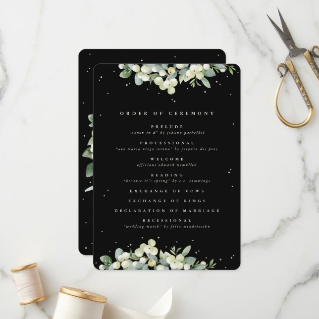 Elegante Black Snowberry+Eucalyptus Winter Wedding Programm (Vorderseite/Rückseite Beispiel)