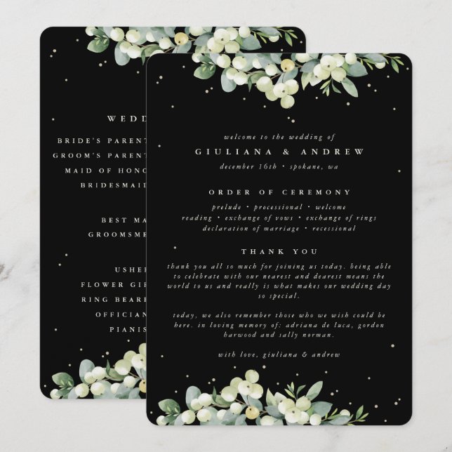 Elegante Black Snowberry+Eucalyptus Winter Wedding Programm (Vorne/Hinten)