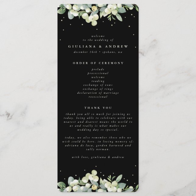 Elegante Black Snowberry+Eucalyptus Winter Wedding Programm (Vorderseite)