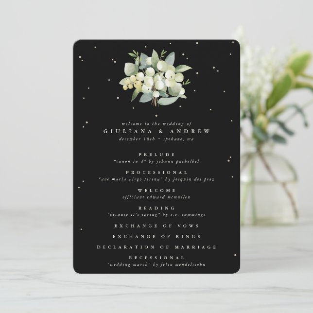 Elegante Black Snowberry+Eucalyptus Winter Wedding Programm (Stehend Vorderseite)