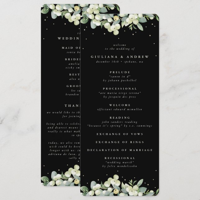 Elegante Black Snowberry+Eucalyptus Winter Wedding Programm (Vorne/Hinten)