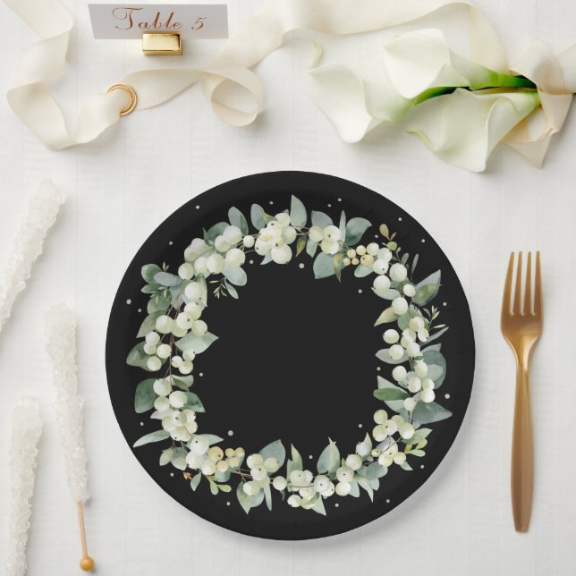 Elegante Black Snowberry+Eucalyptus Wreath Wedding Pappteller (Hochzeit)