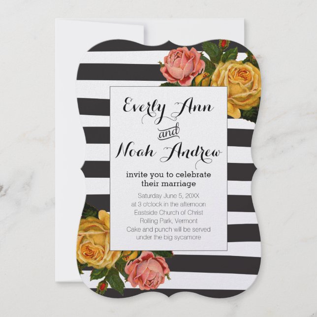 Elegante Black Stripe Heirloom Rose Hochzeit Einladung (Vorderseite)