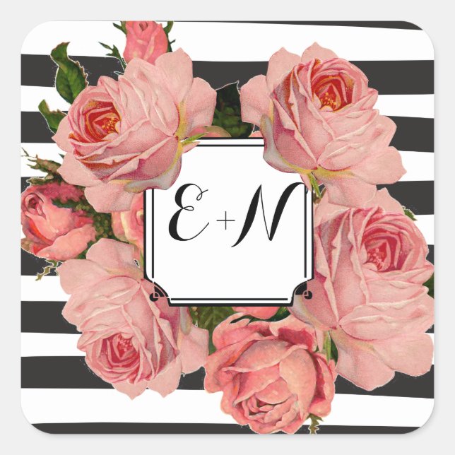 Elegante Black Stripe Rosa Heirloom Rose Hochzeit Quadratischer Aufkleber (Vorderseite)